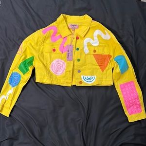 Dolls Kill x Zigzag Y2K Colorful Doodle Yellow Cropped Denim Jacket